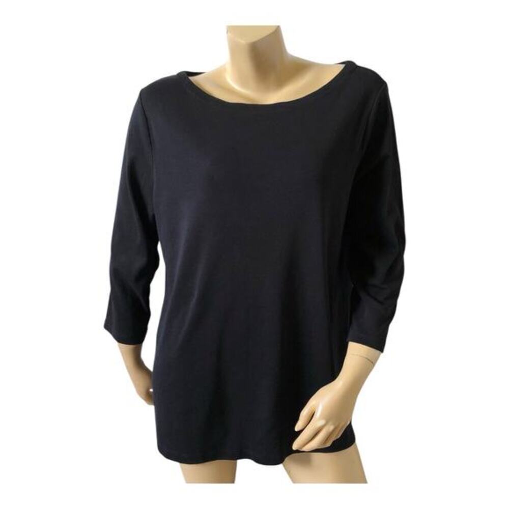 Chicos T Shirt Womens 3 XL Black Boat Neck 3/4 Sleeve 100% Cotton Tunic Tee Top